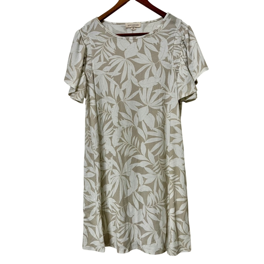 ECOTHREADS Women's Size M Ribbed Leaf Print Short Sleeve Flutter Sleeve Dress